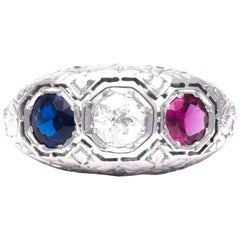 Patriotic Art Deco Ruby, Diamond and Sapphire Ring in White Gold