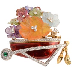 Valentin Magro Wheelbarrow Brooch Filled with Carved Gem Flowers