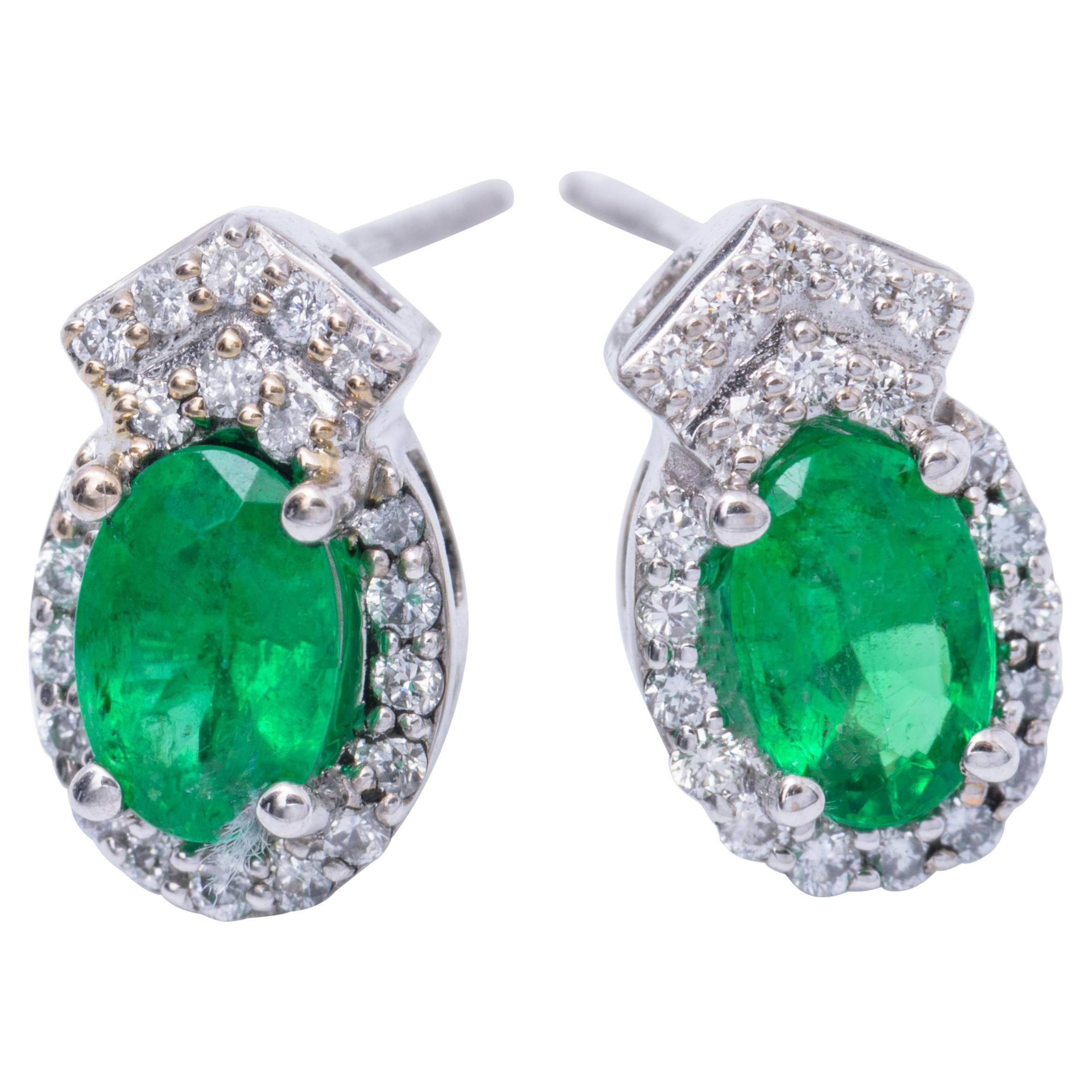 Emerald and Diamond White Gold Drop Earring Studs