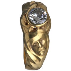 Art Nouveau "Comedy and Tragedy" Gold and Diamond Ring