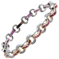 Retro Diamonds and Rubies Yellow and White Gold Link Bracelet