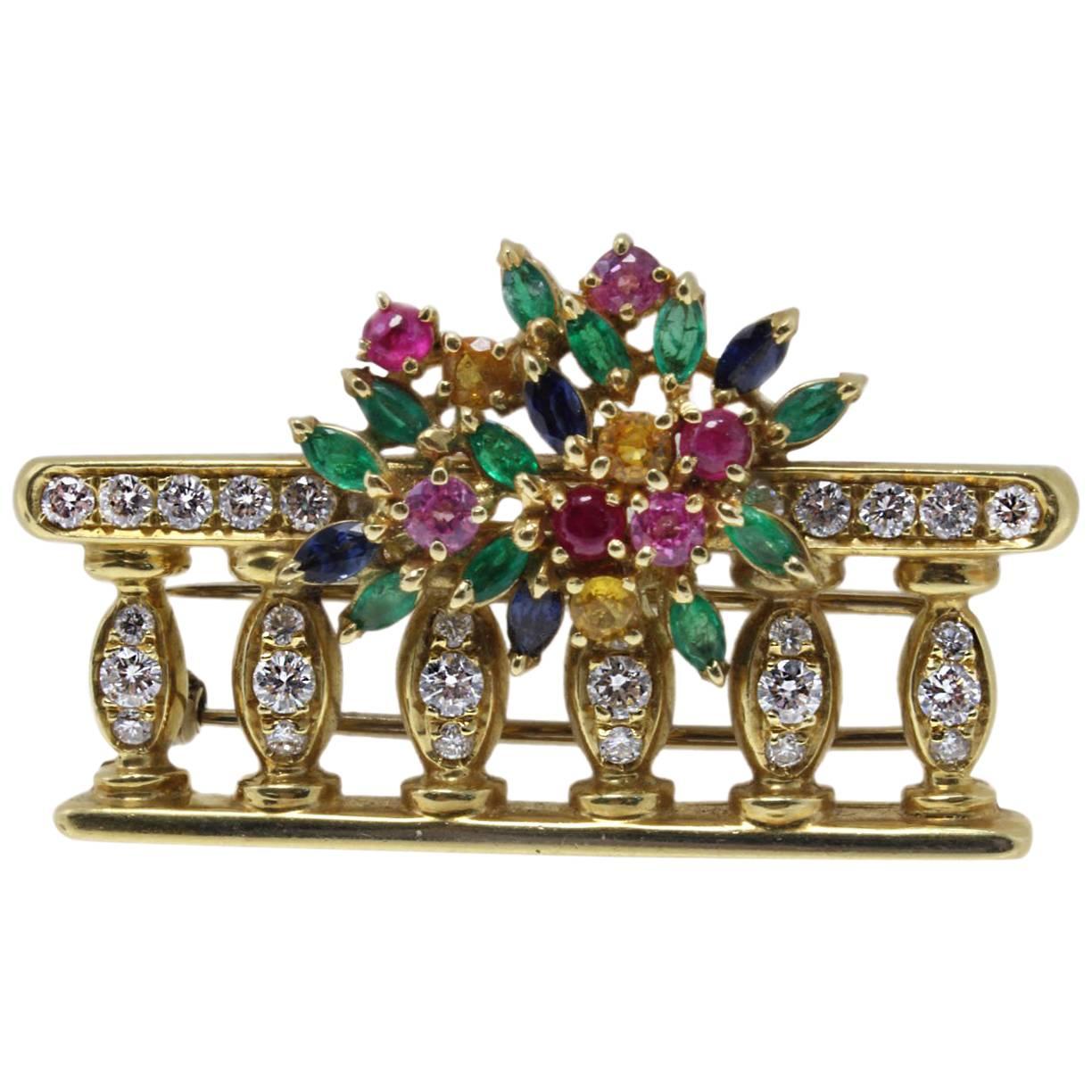 Contemporary Sapphires Rubies Emeralds and Diamonds Yellow Gold Brooch