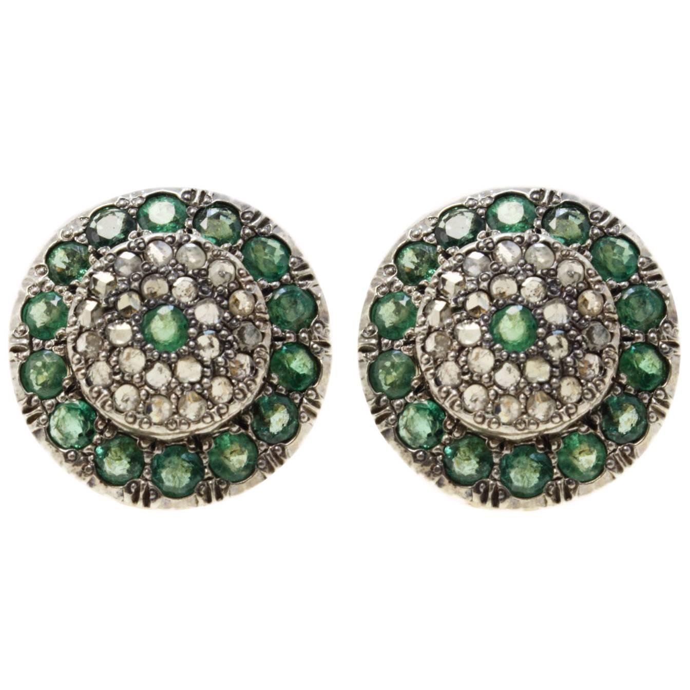Late Victorian Rose Gold and Silver, Diamonds and Emeralds Stud Earrings