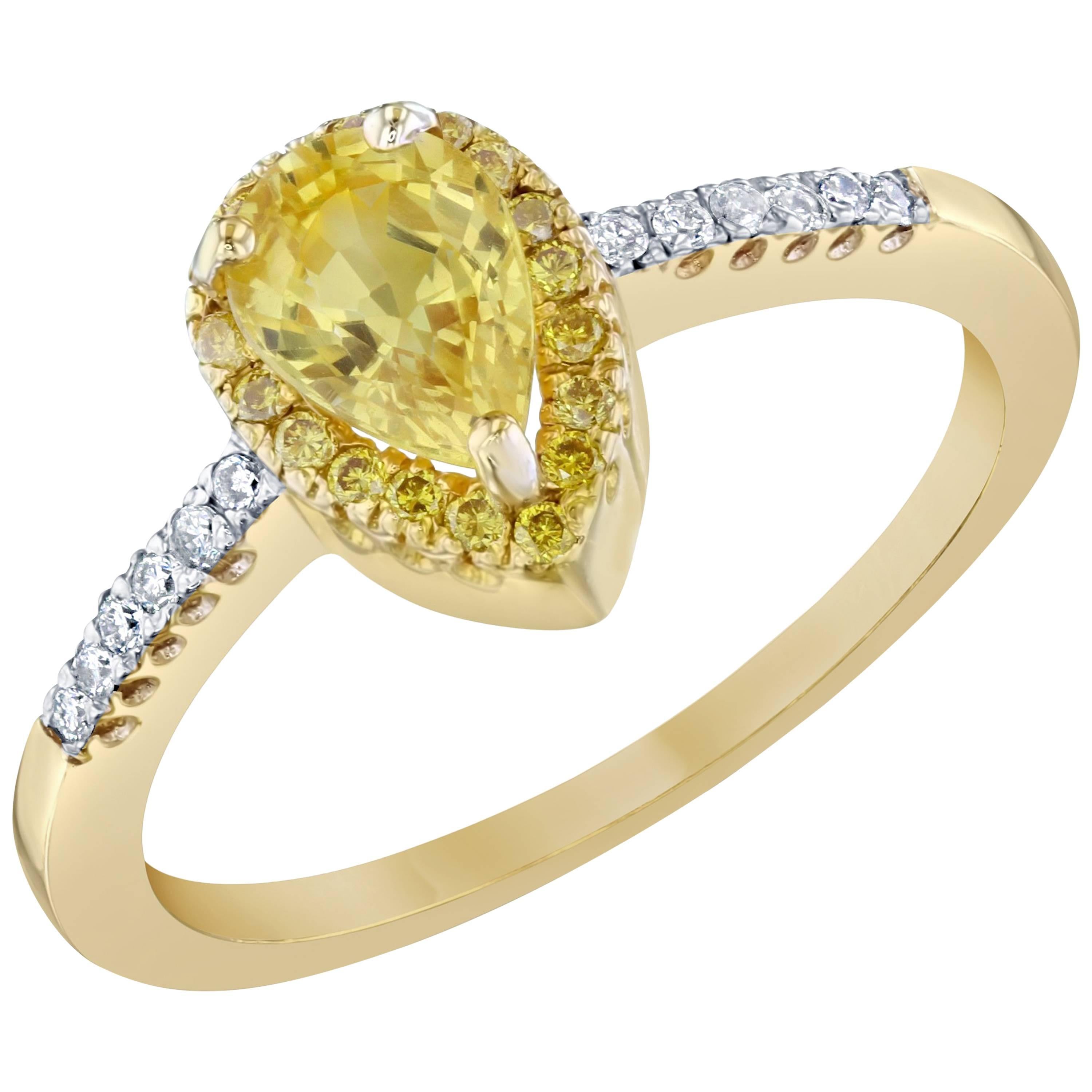 1.19 Carat Yellow Sapphire Yellow Diamond 14 Karat Yellow Gold Halo Diamond Ring