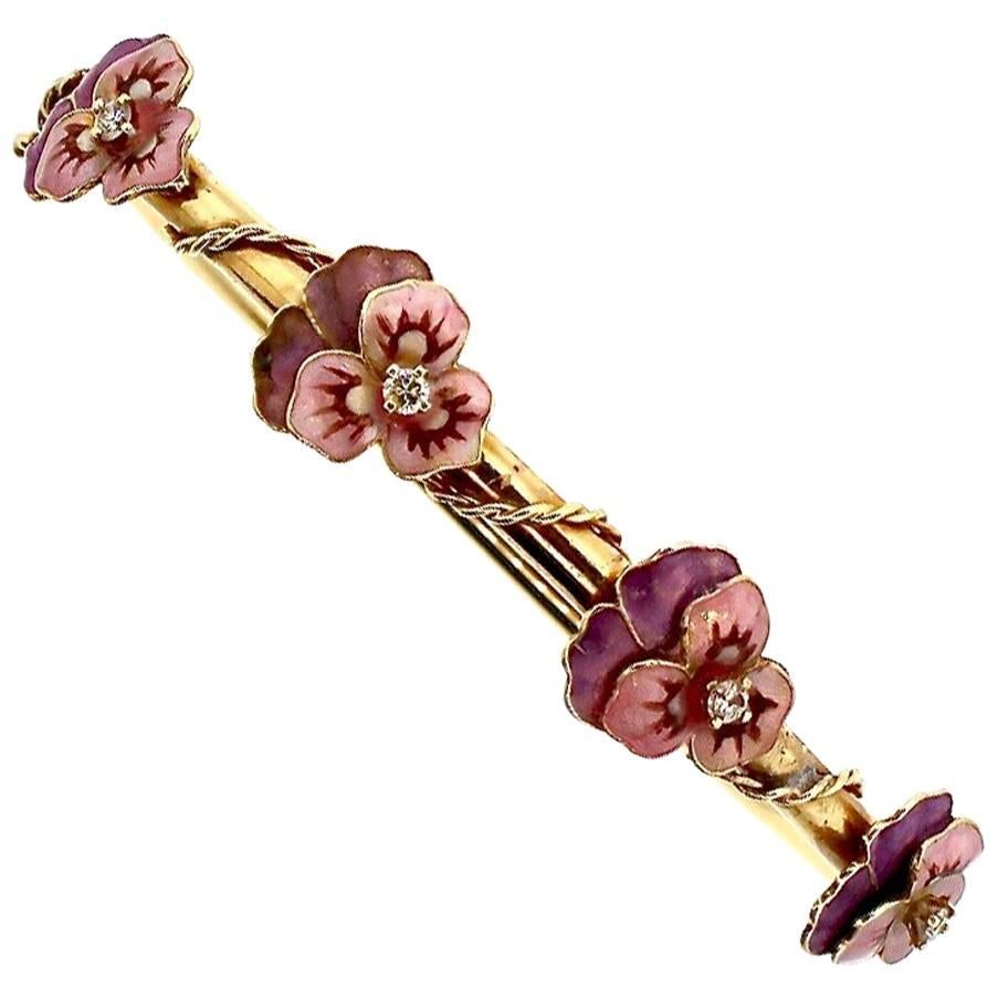 Antique Gold Enamel Diamond Purple Pansy Bangle Bracelet