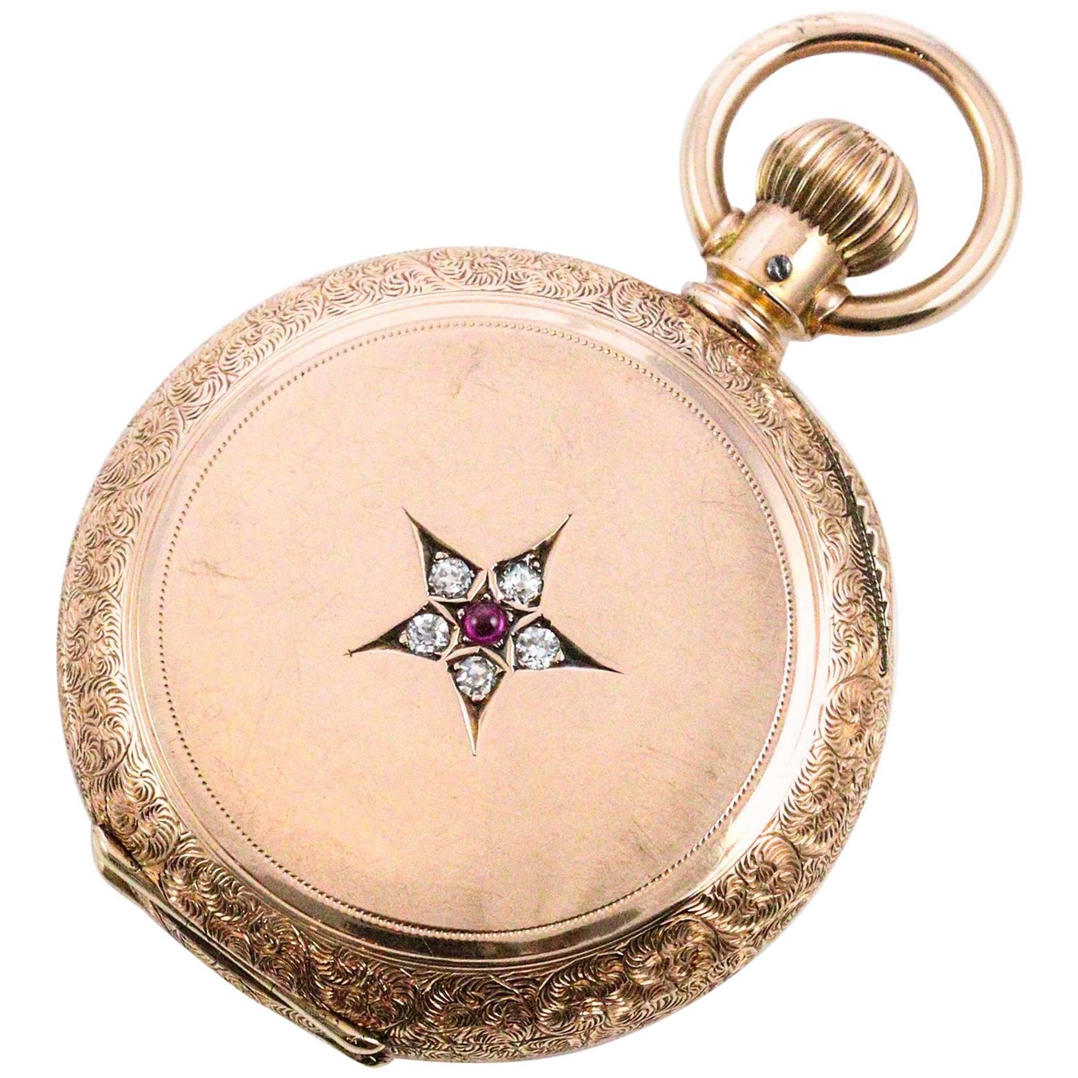 Elgin Rose Gold Diamond Ruby Pocket Watch, 1887 