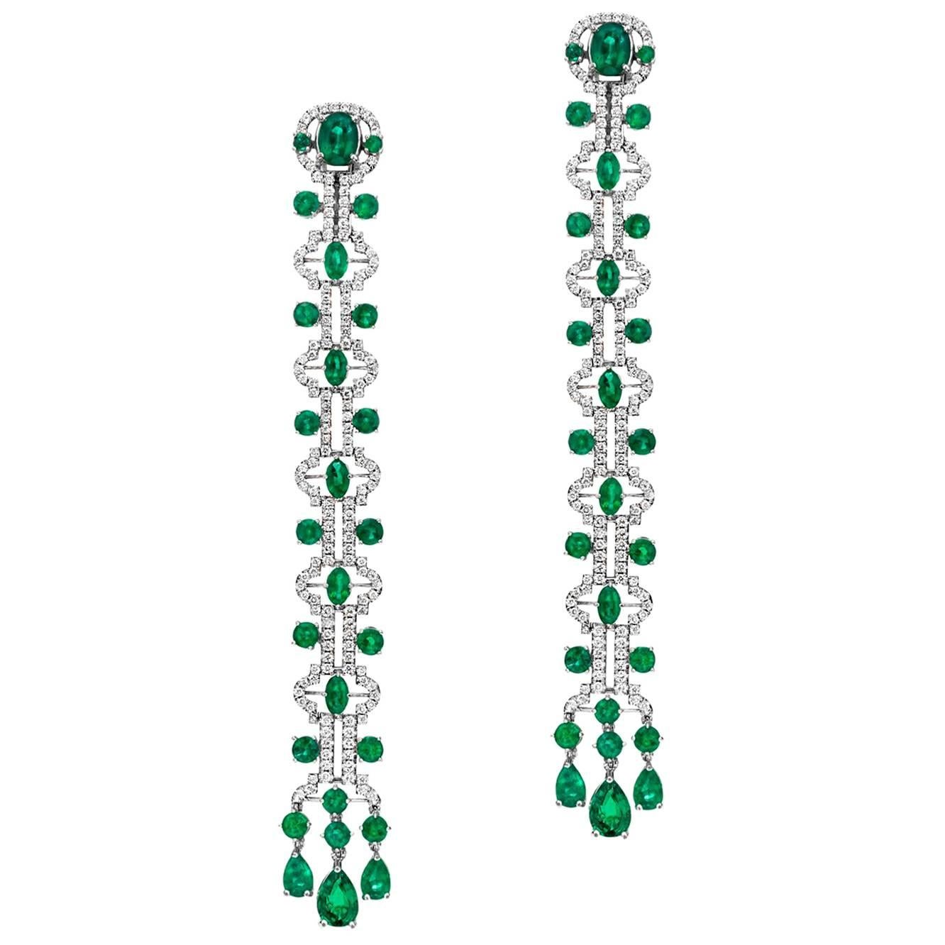 Emerald and Diamond Line Earrings For Sale