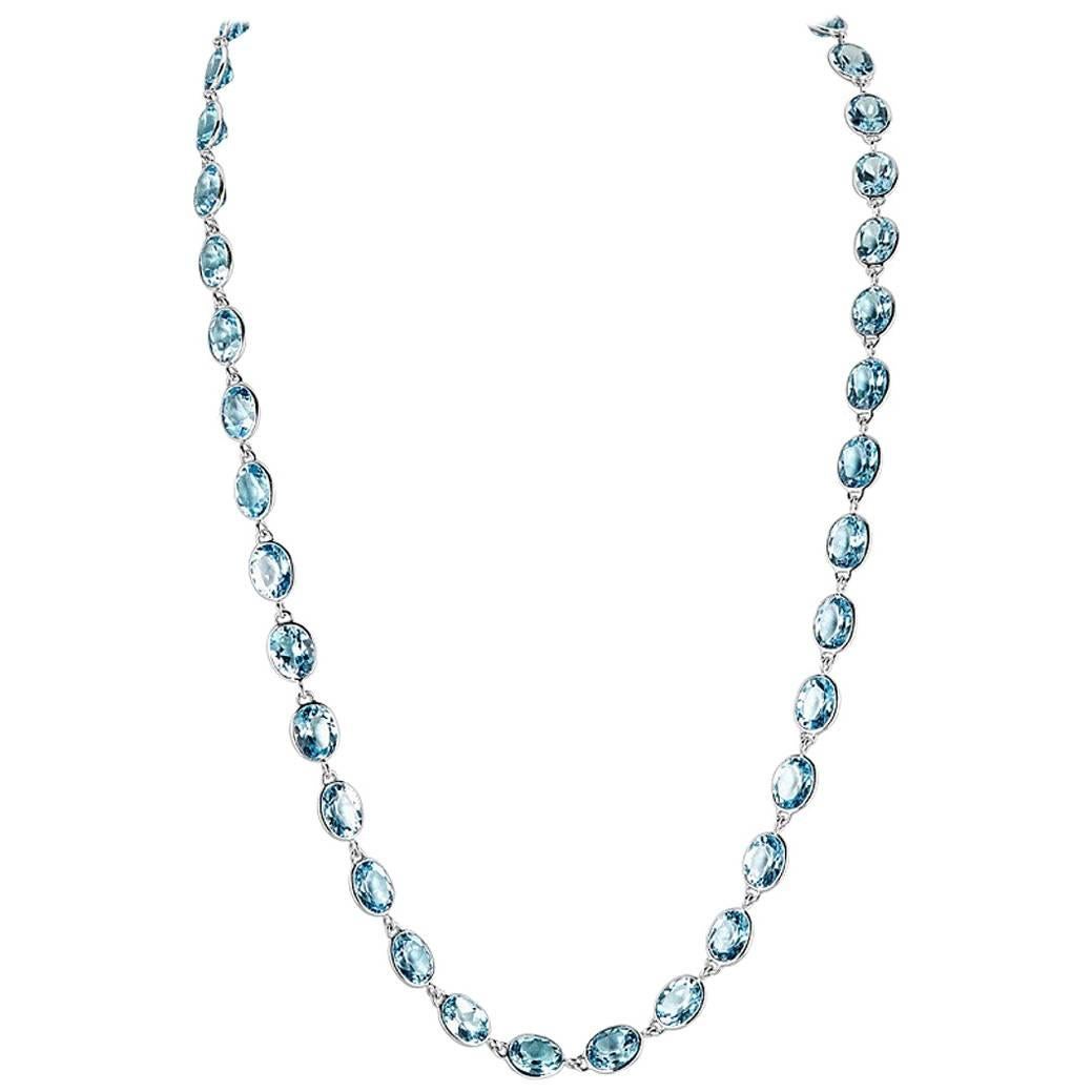 126.04 Carat Oval Blue Topaz White Gold Chain Necklace For Sale