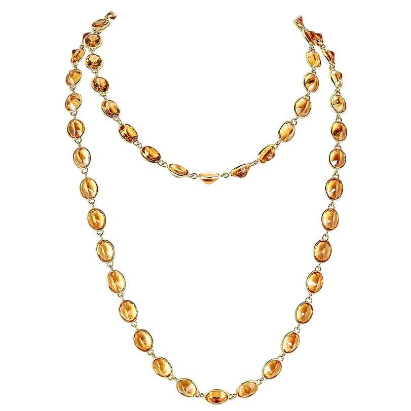 132.51 Carat Oval Citirine Yellow Gold Chain Necklace For Sale