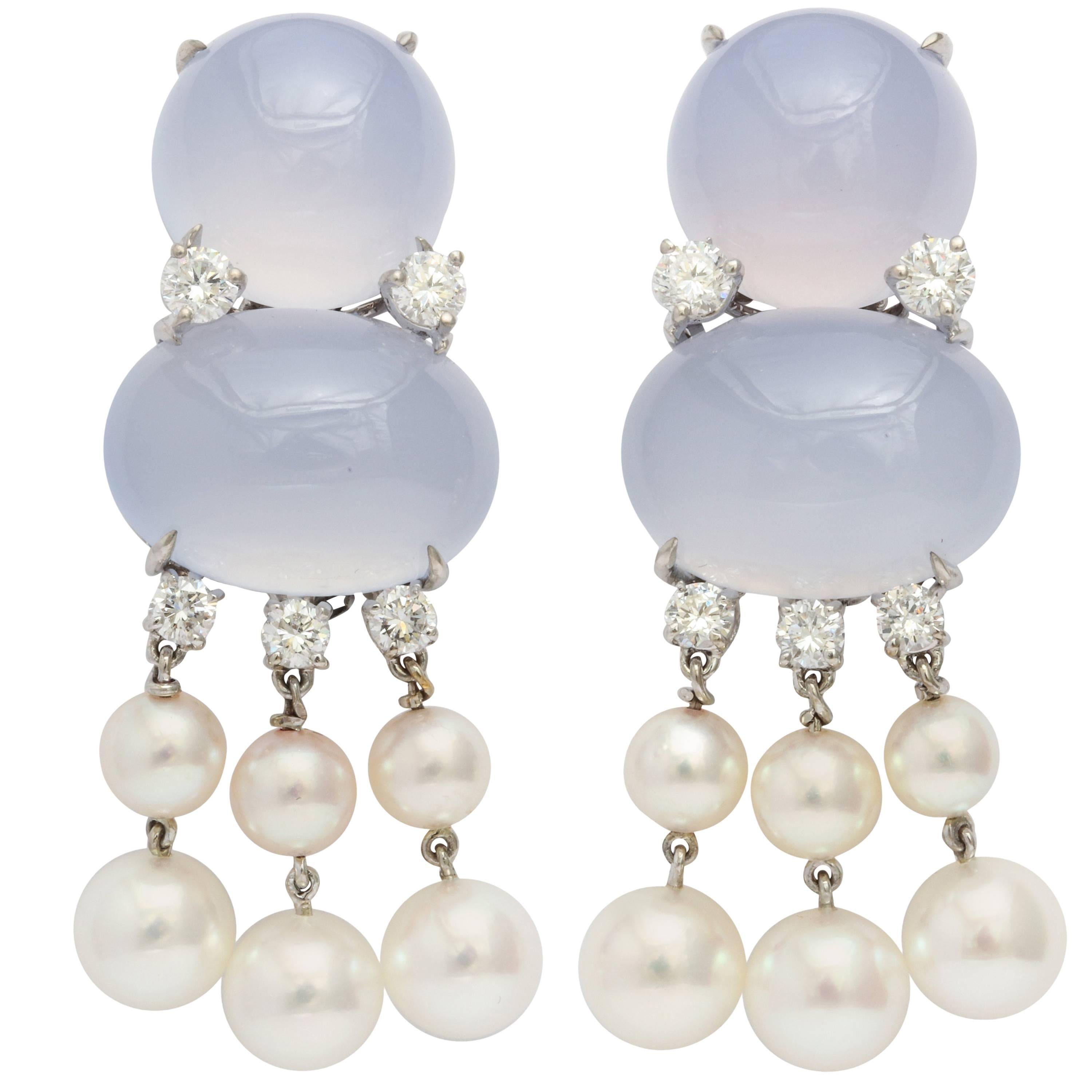Donna Vock Chalcedony, Pearl and Diamond Clip-On Drop Earrings