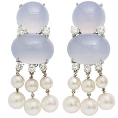 Donna Vock Chalcedony, Pearl and Diamond Clip-On Drop Earrings