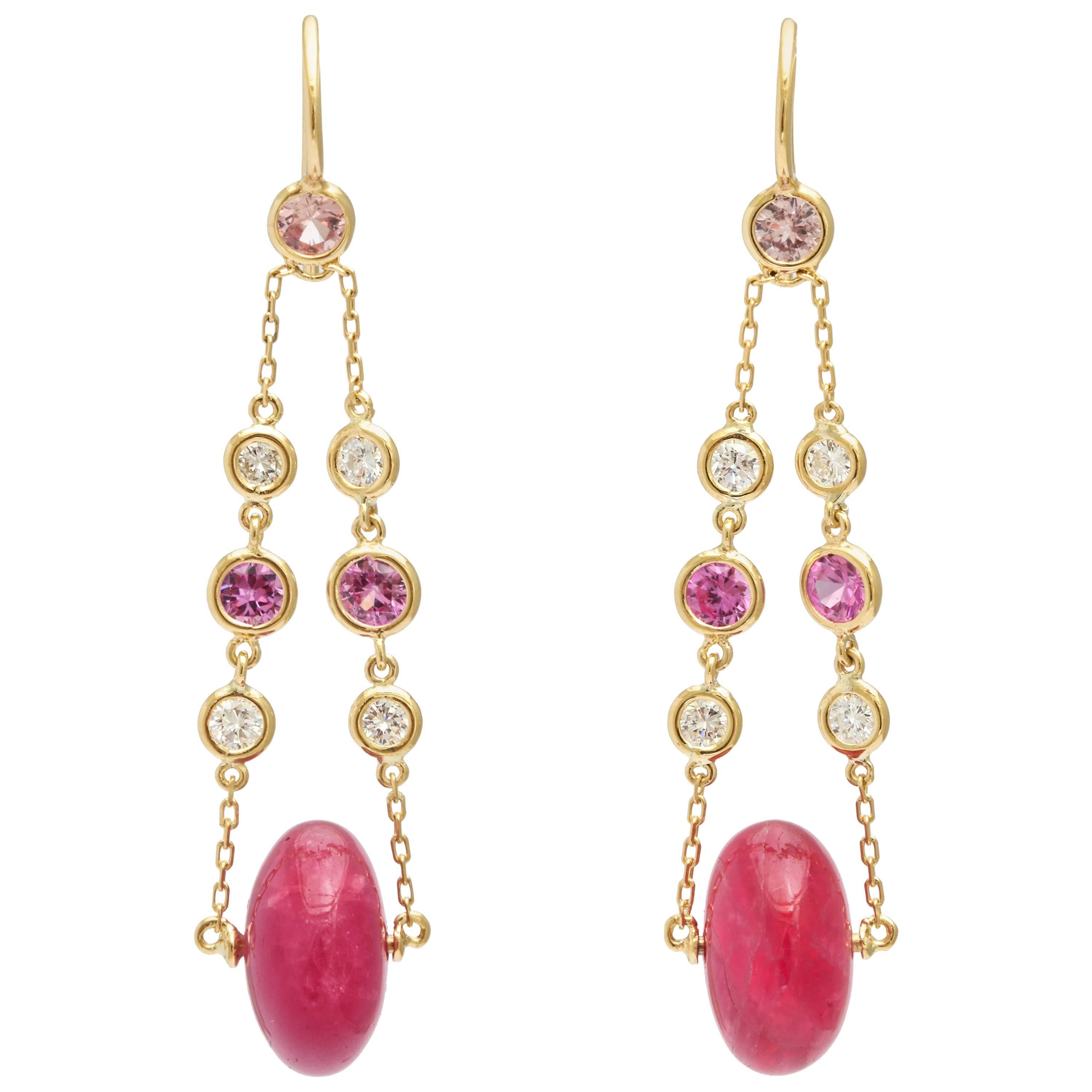 Pink Tourmaline, Diamond and Pink Sapphire Drop Earrings