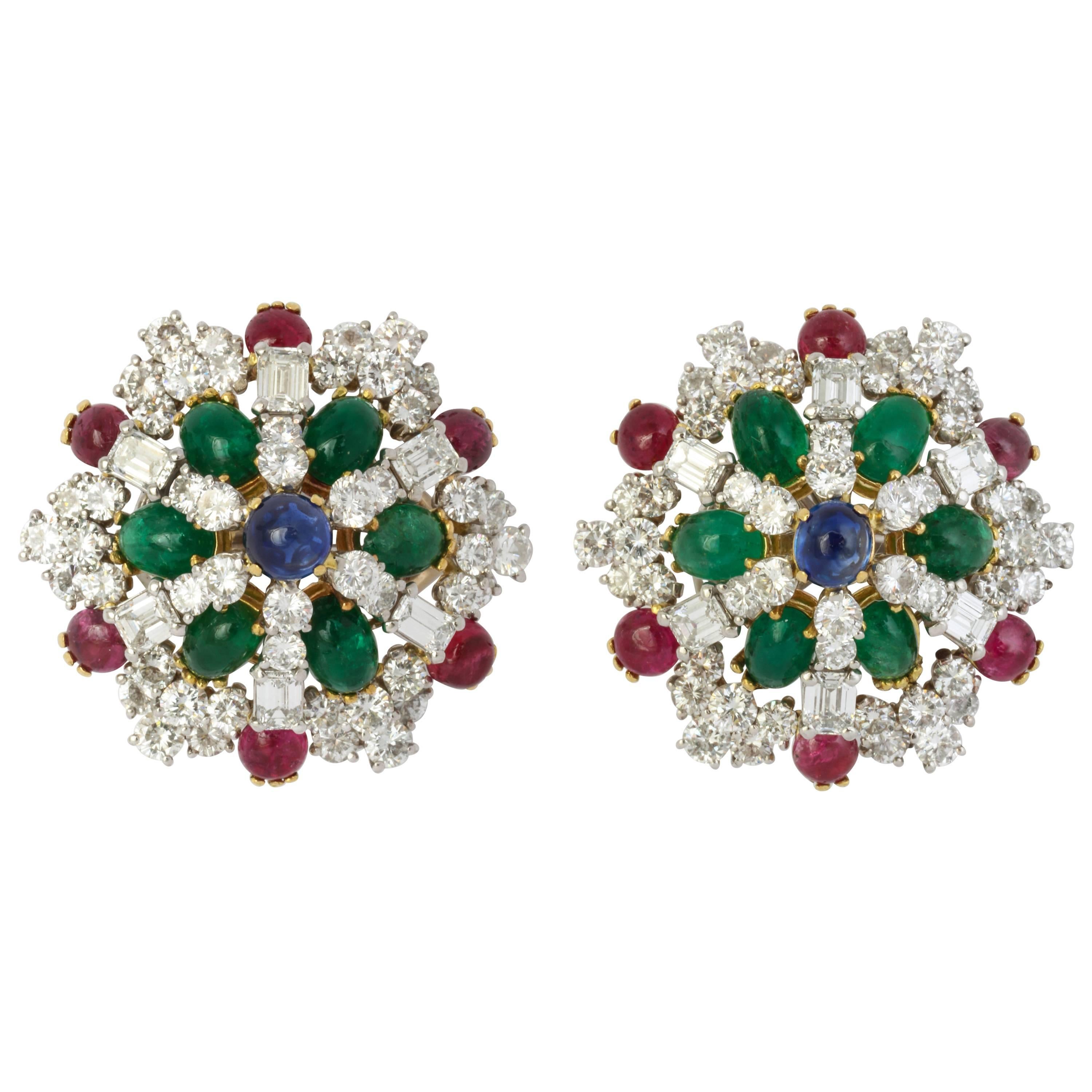 Multi Gem Clip-on Earrings with Sapphire, Emerald, Ruby and Diamonds
