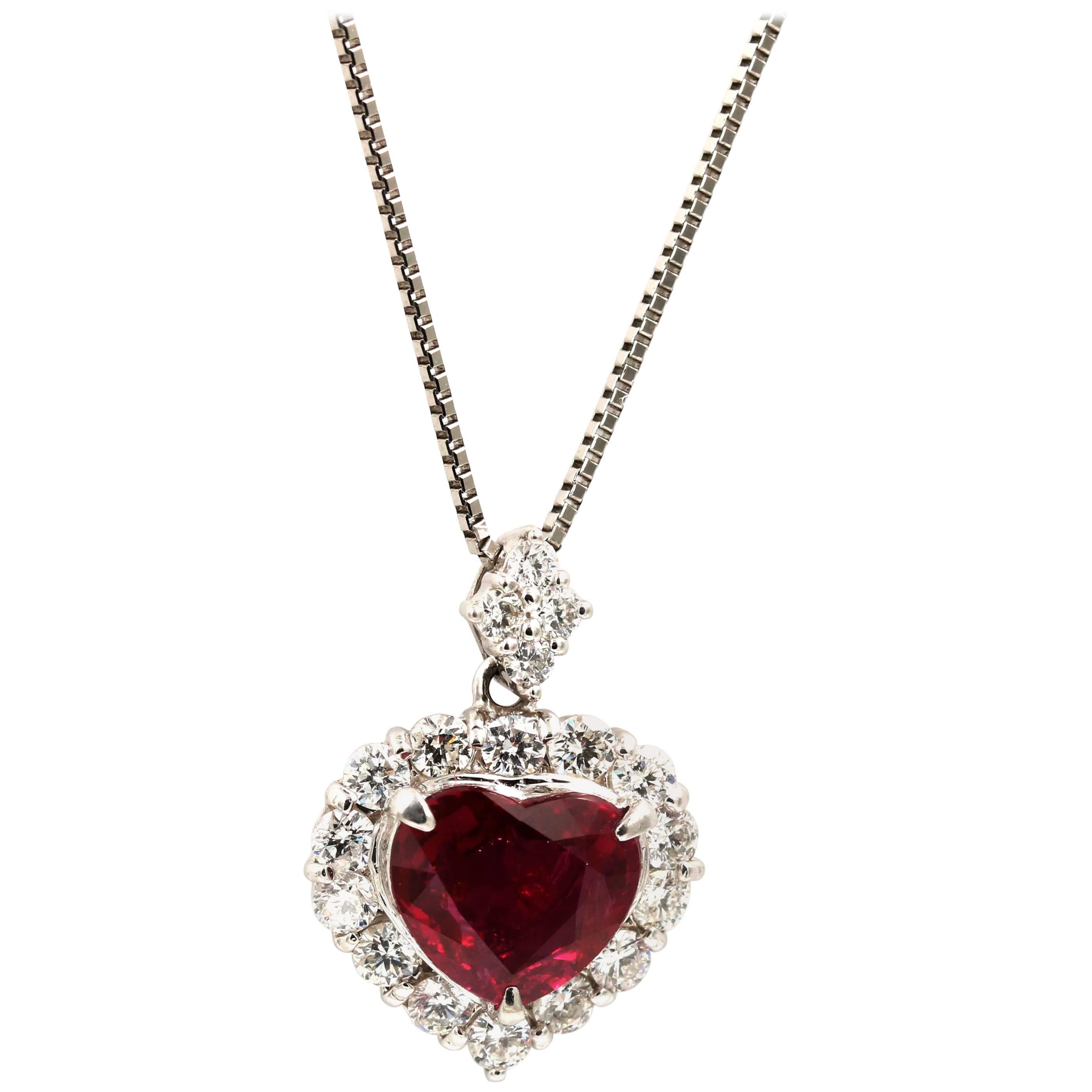 Unheated Mozambique Ruby Heart Diamond Pendant For Sale