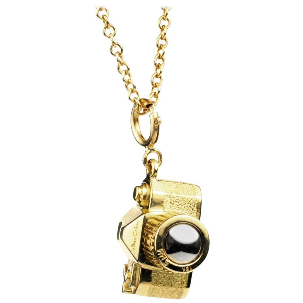 Julius Cohen Gold and Platinum Vintage Camera Charm Necklace