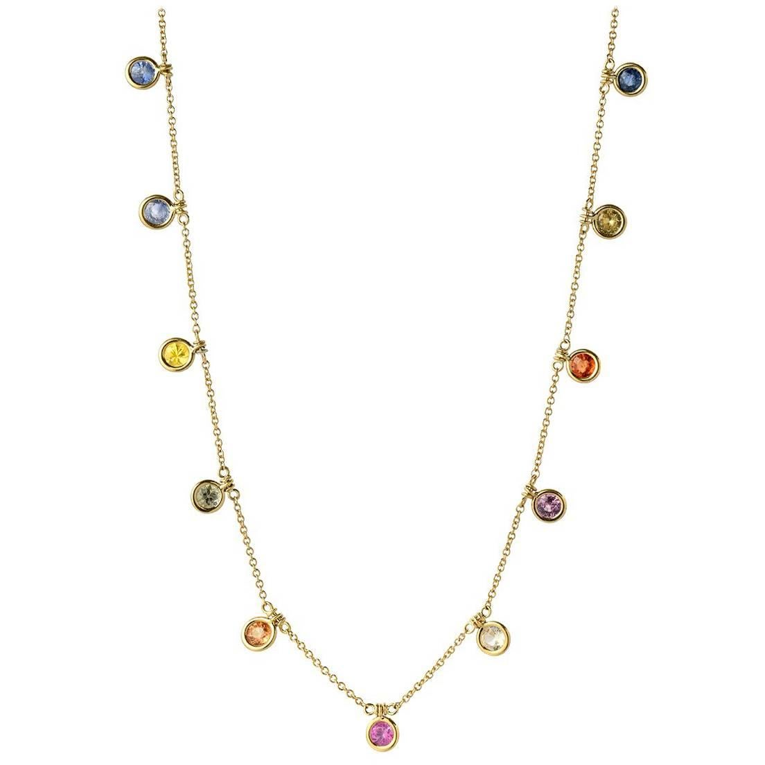 4.95 Carat Multi-Color Bezel Sapphire Necklace, 16 Inches  For Sale