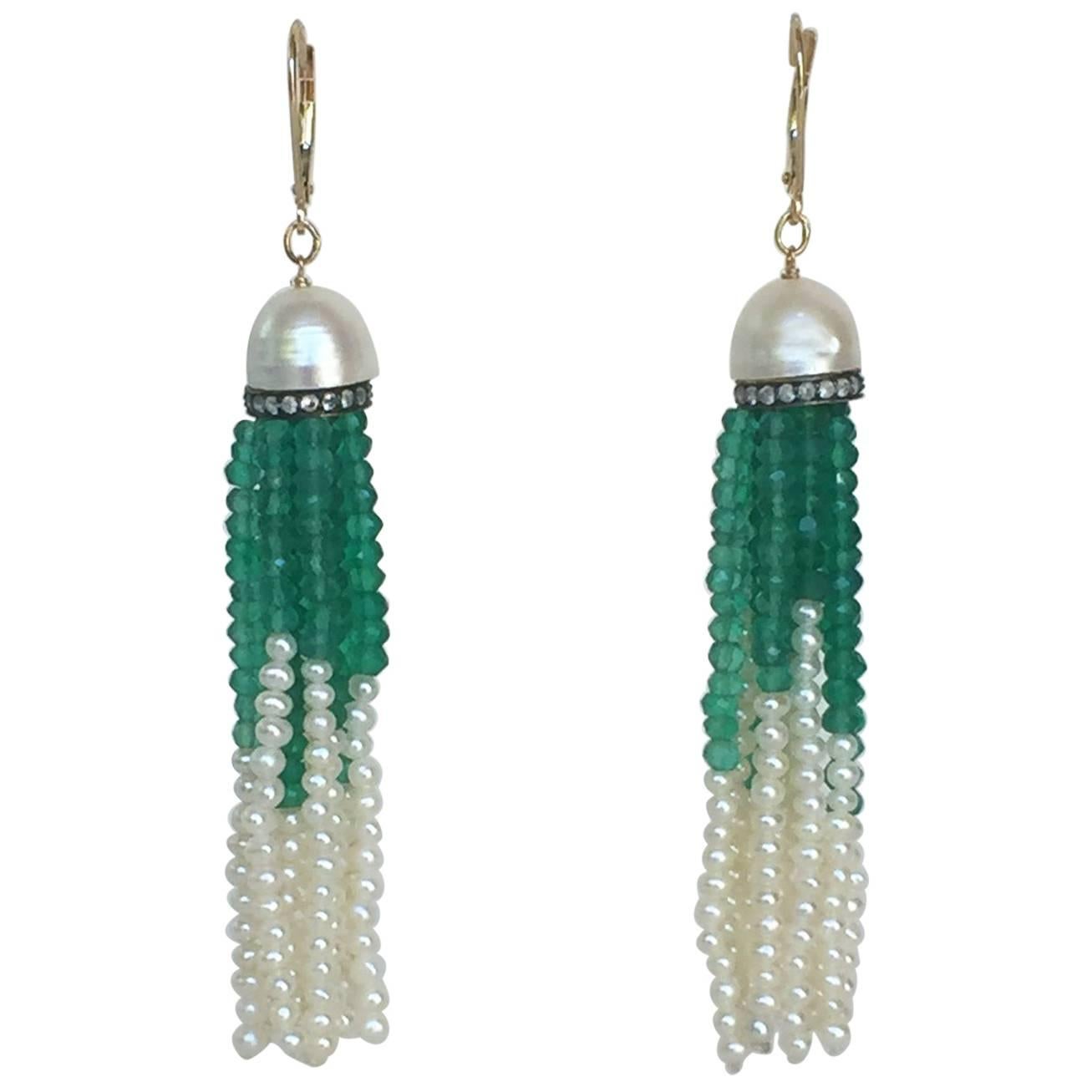 Marina J  Pearl with Diamonds and Green Onyx Tassel Earrings 