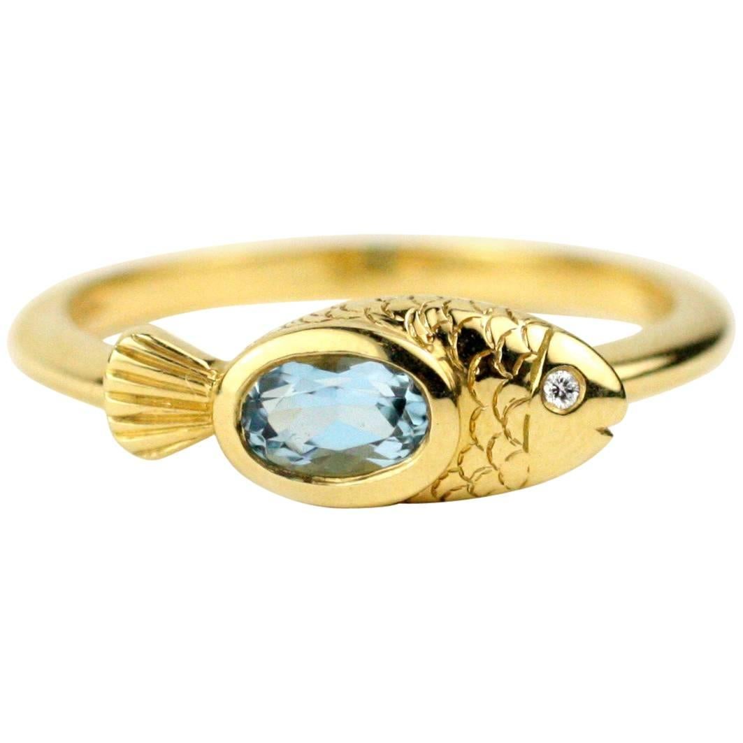 Julius Cohen Gold and Aquamarine Fish Ring