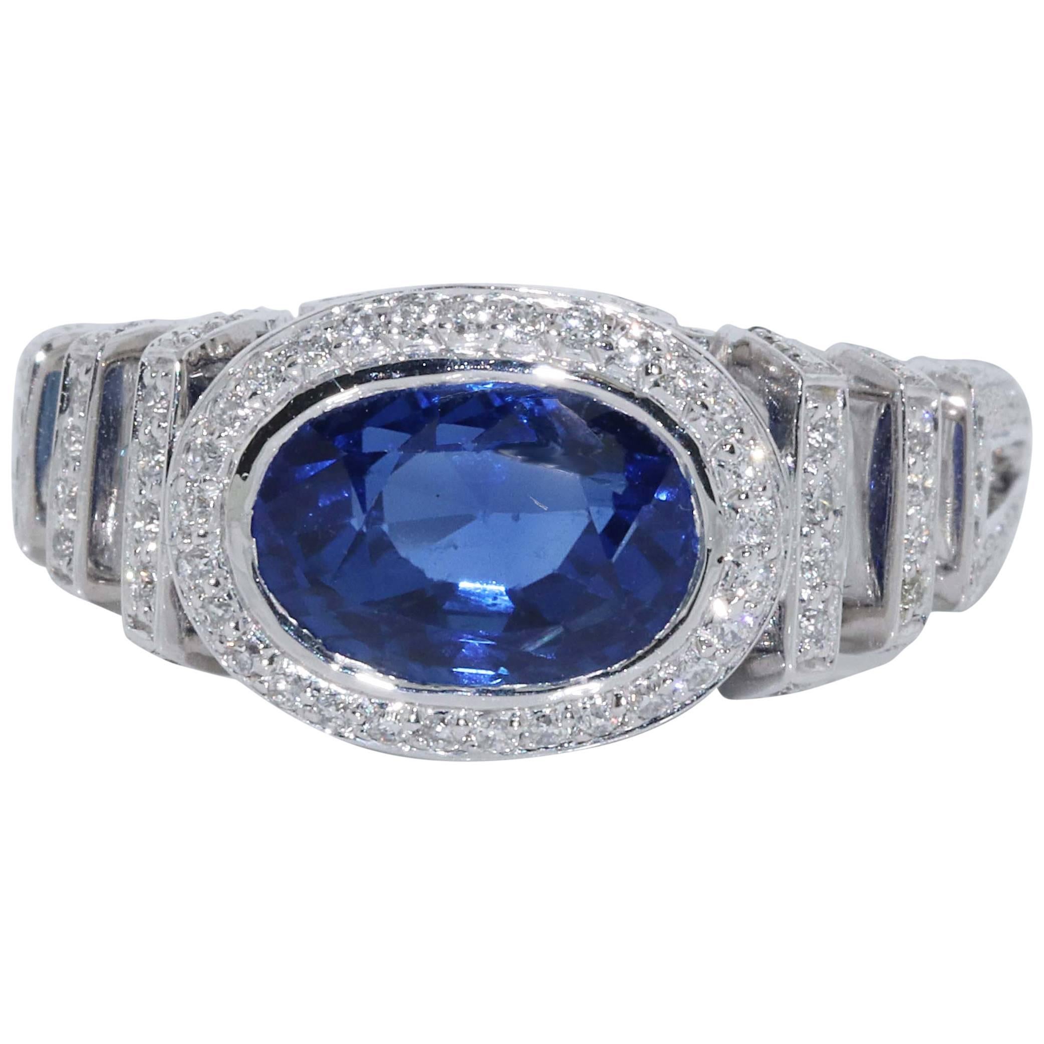 AGTA Certified No Heat Blue Sapphire and Diamond Cocktail Ring For Sale