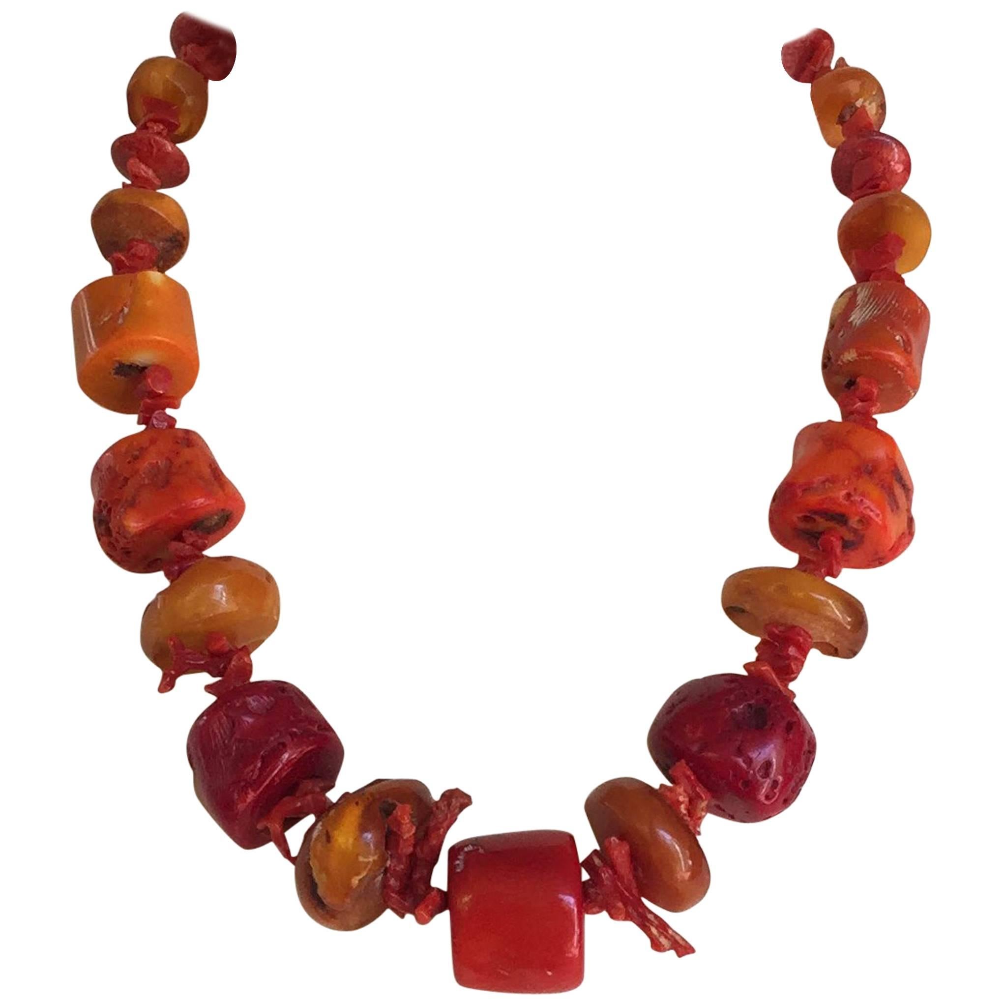 Coral and Amber Beaded Necklace by Marina J