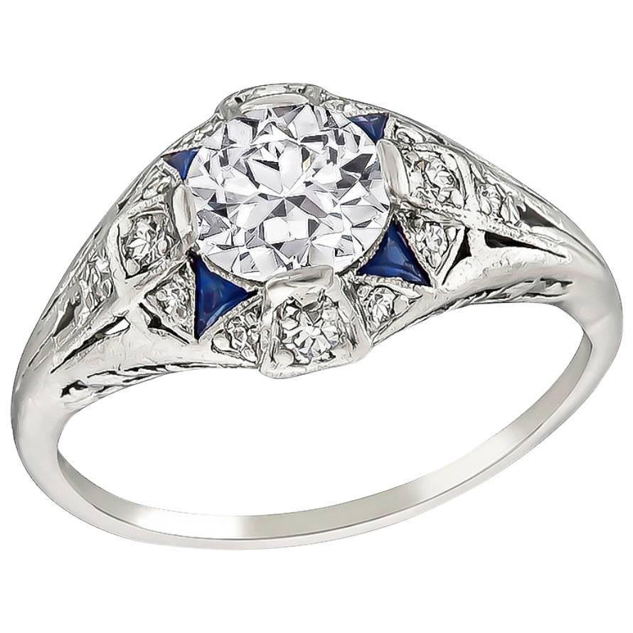 Art Deco GIA Certified 0.86 Carat Diamond Sapphire Ring