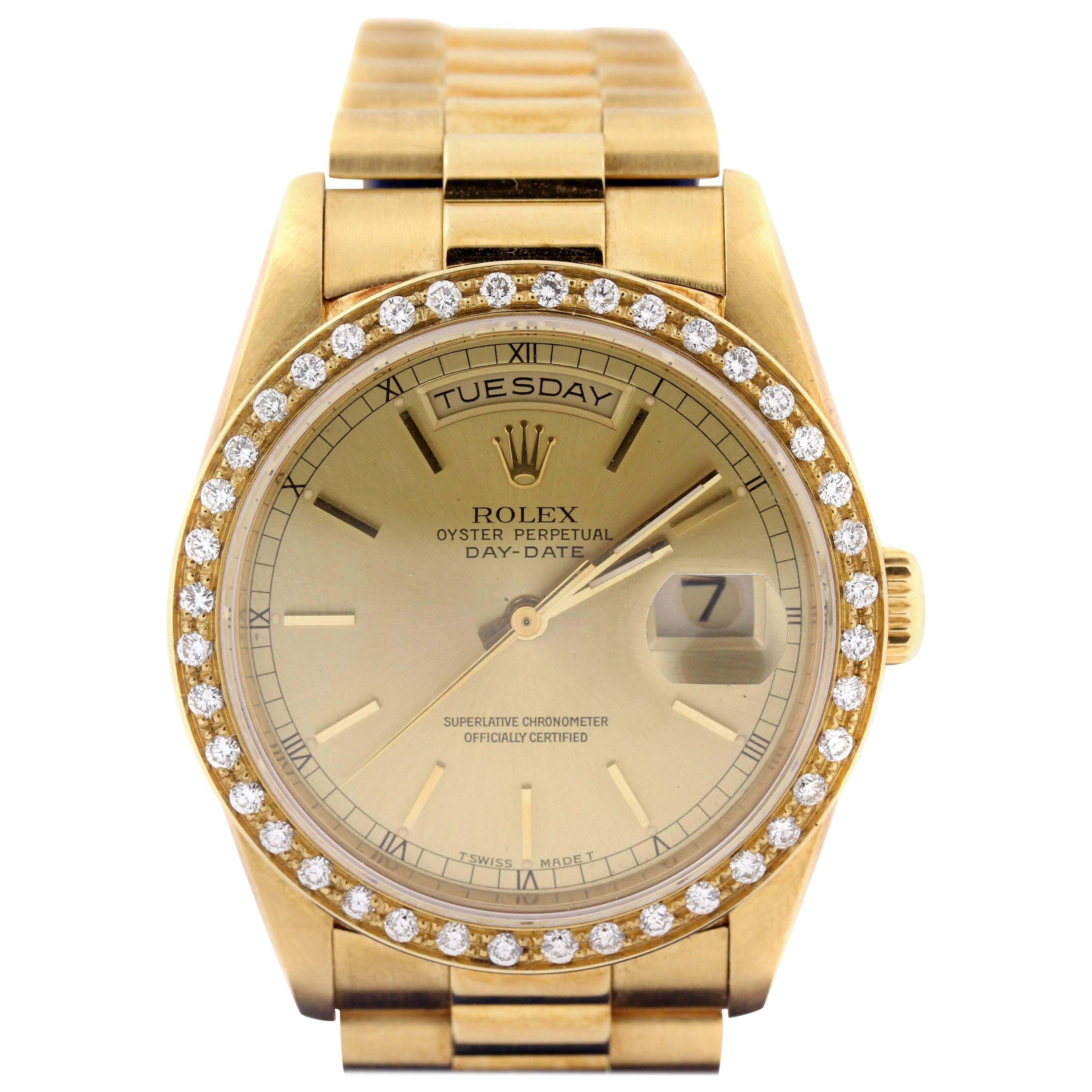 Rolex Yellow Gold Diamond Bezel Double Quick Day Date President Wristwatch