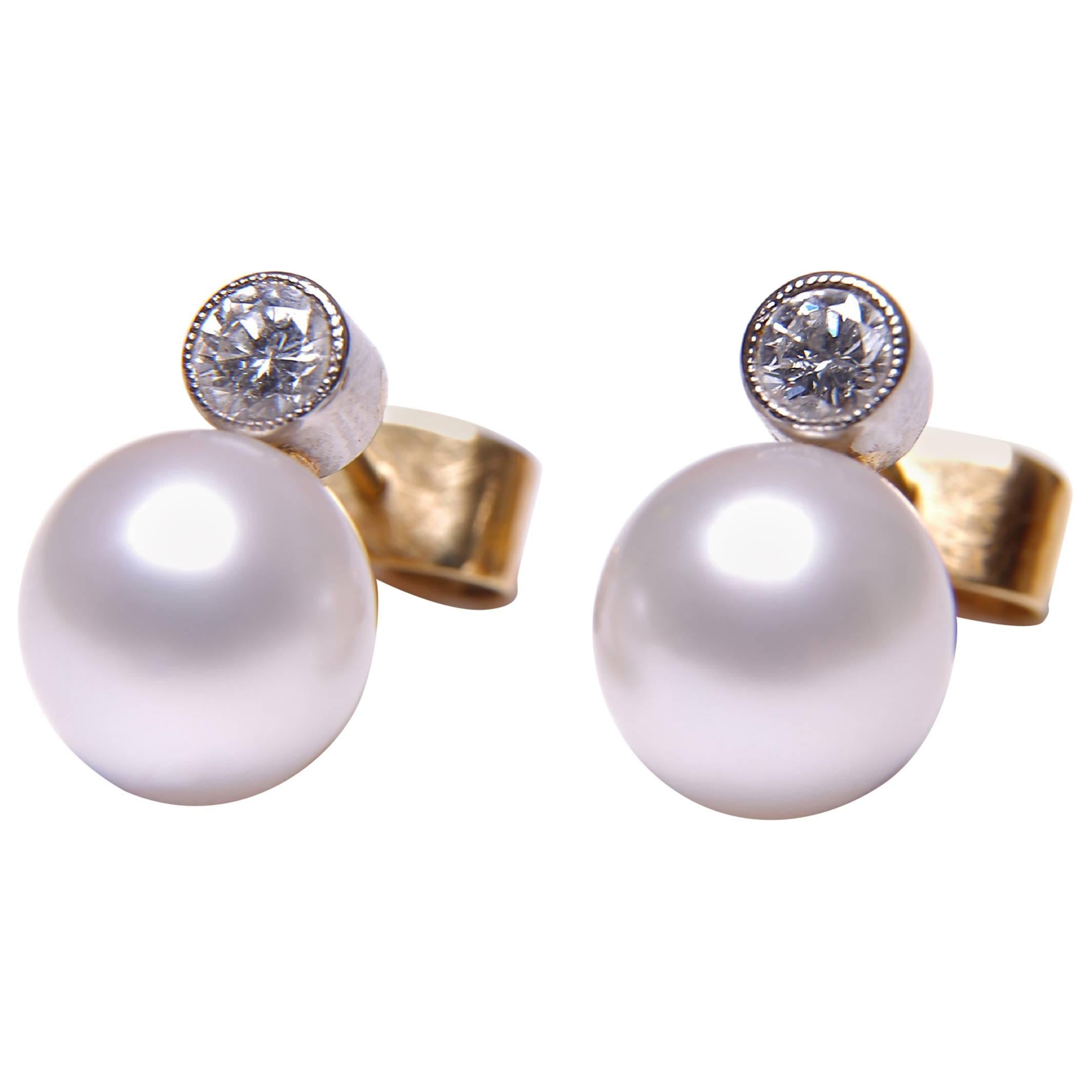 Diamond and Cultured Pearl Two-Stone Stud Earrings