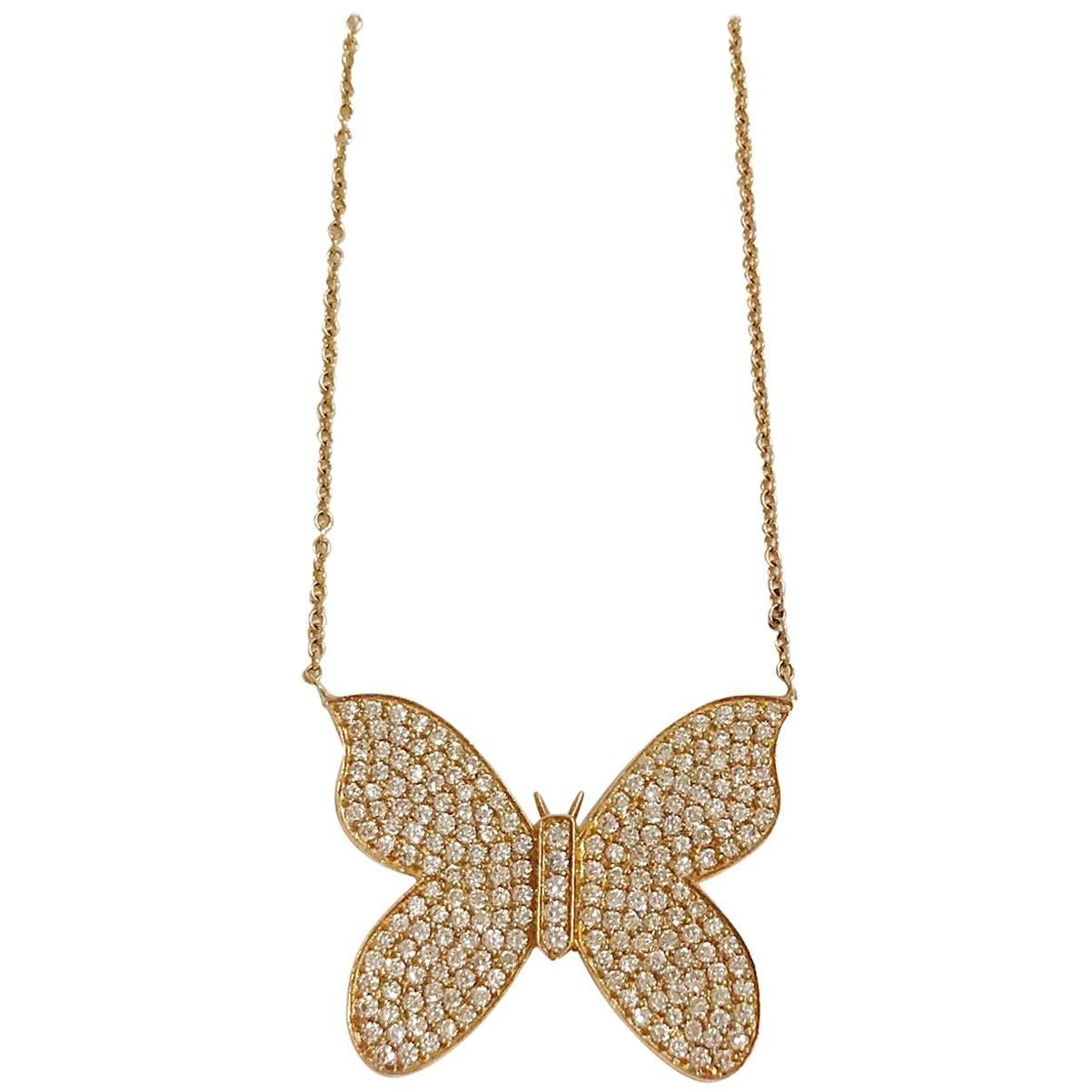 Yellow Gold Butterfly Necklace with Pave Diamonds For Sale