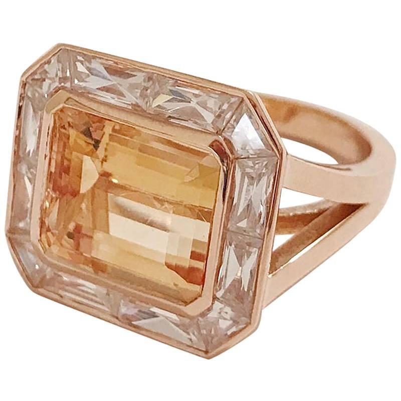 Imperial Topaz Rose Gold Ring with Rock Crystal Baguettes For Sale