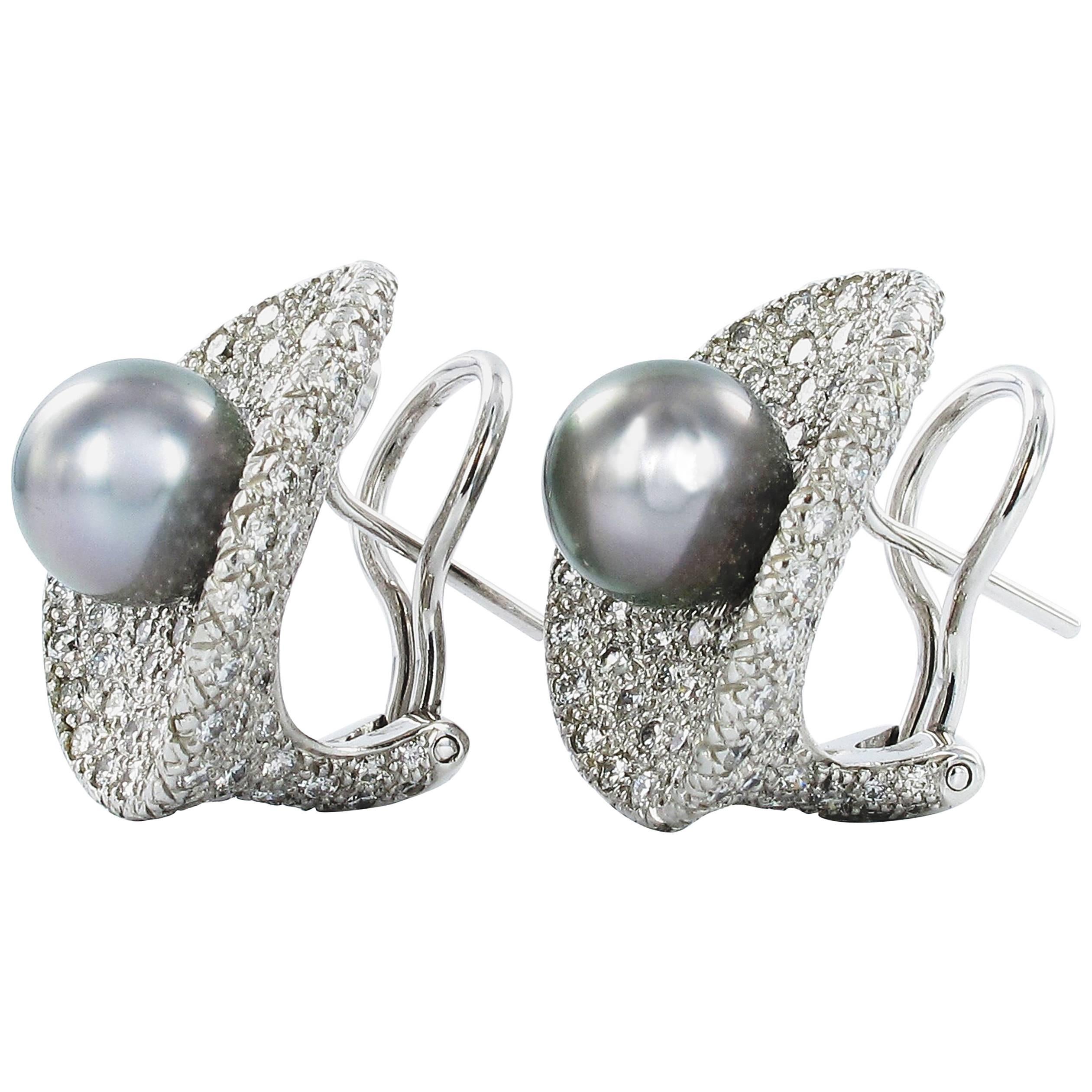 Fabulous Tahitian Cultured Pearl Diamond Earclips For Sale