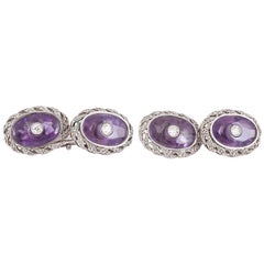 Antique Amethyst & Diamond Oval Cufflinks in 18 Karat White Gold, French circa 1910