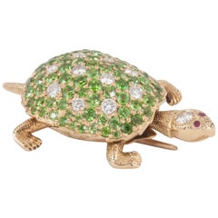 Vintage Tortoise Brooch, 18 Karat Gold, Green Garnets, Diamonds & Rubies, USA circa 1930