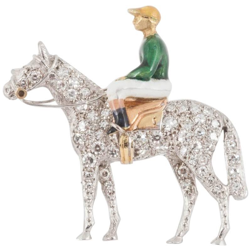 A&W Racehorse & Jockey Brooch in 18 Carat Gold and Diamonds, English circa 1970 For Sale