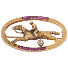 Racehorse and jockey, Burma Ruby and Diamond Gold Racing Brooch, c, 1900