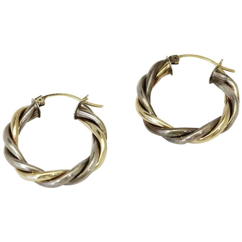 Vintage Two Tone 10k Gold Twist Hoop Earrings  For Sale