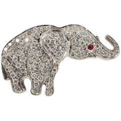 Contemporary,18 kt White Gold Diamonds and Ruby Brooch/Pendant