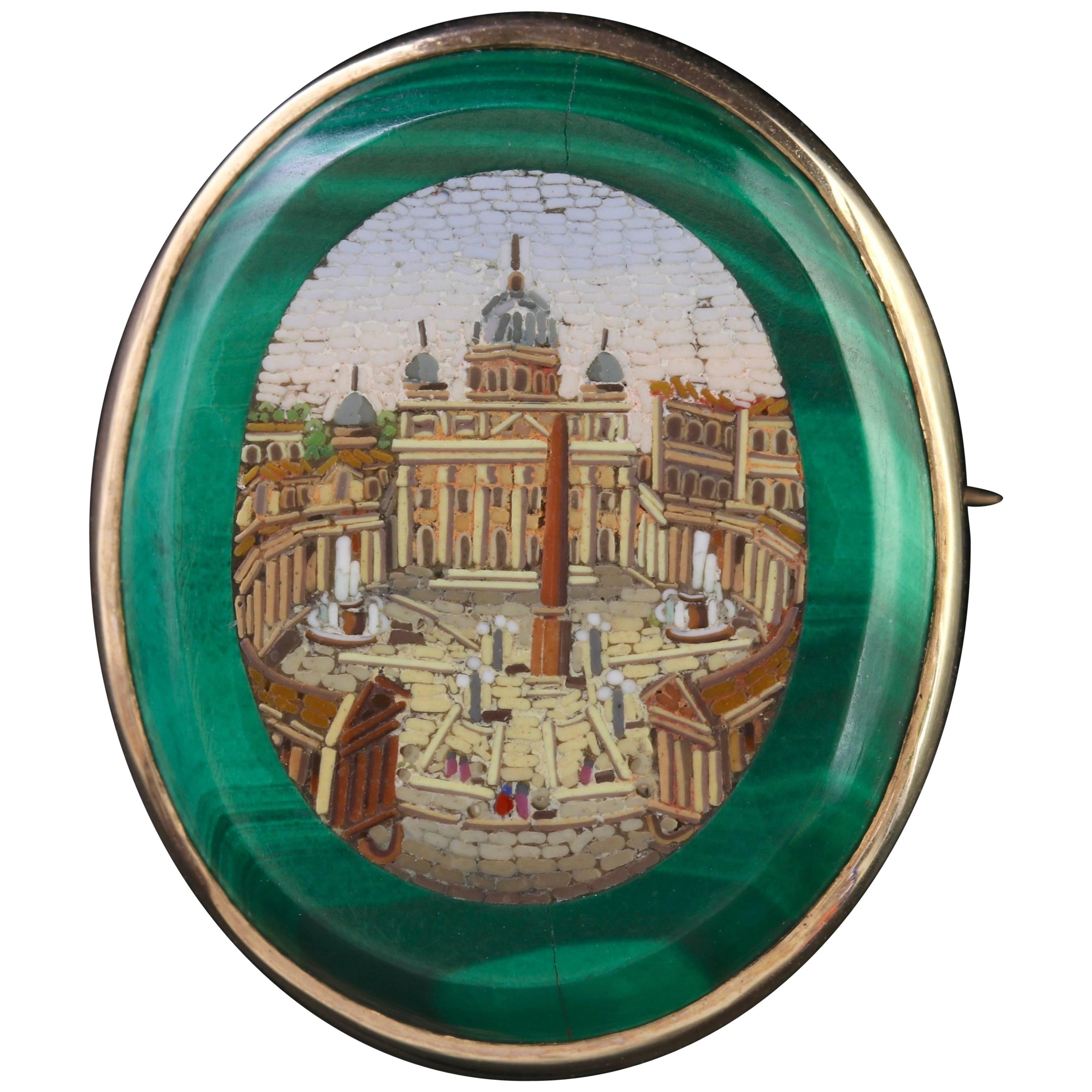Antique Victorian St Peters Square Micro Mosaic Gold Brooch, circa 1860