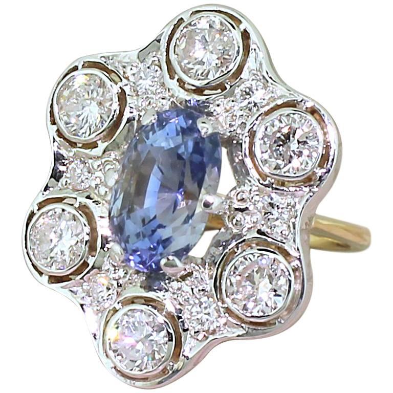 Retro 4.85 Carat Natural Ceylon Sapphire and 1.68 Carat Diamond Ring For Sale