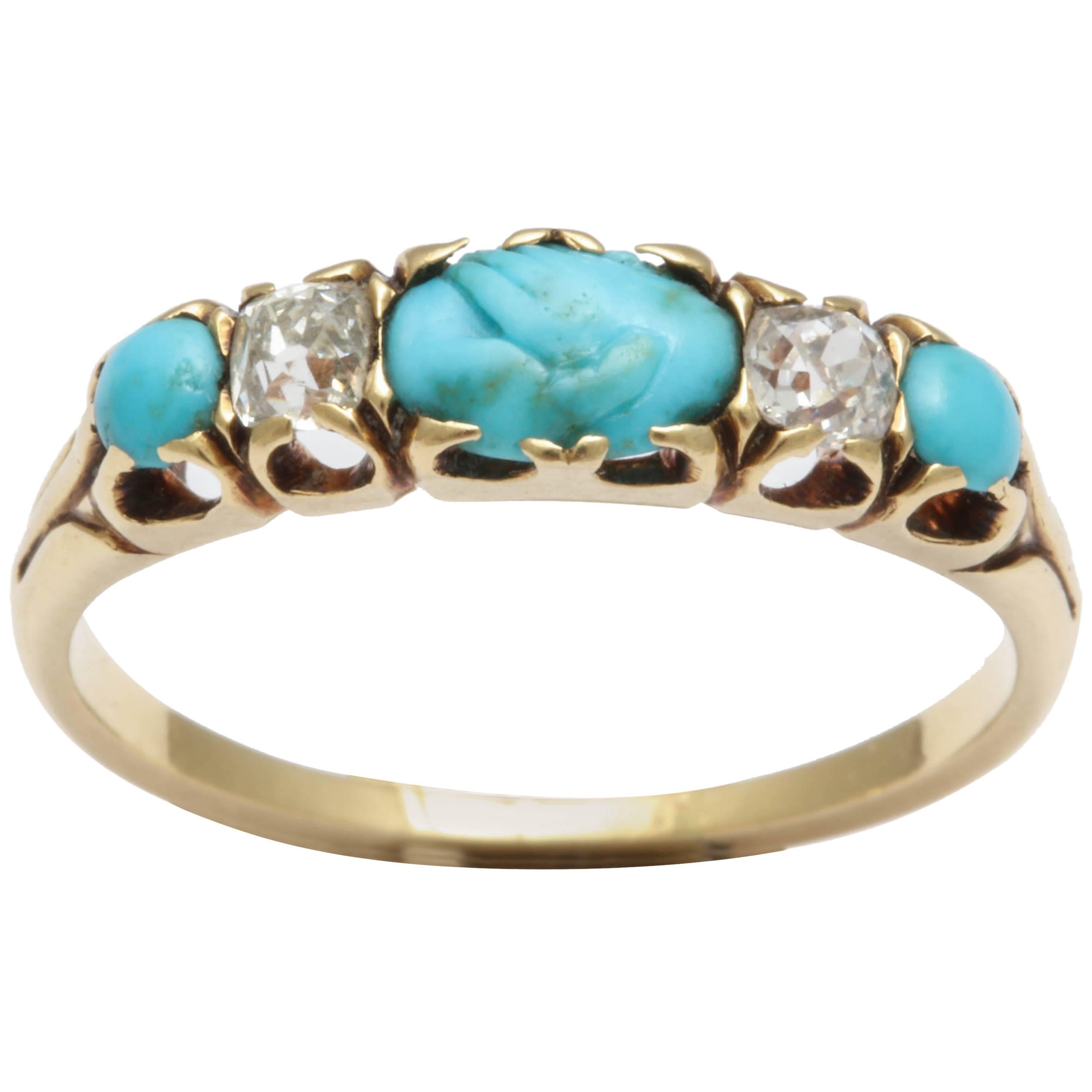 Turquoise Carved Fede and Diamond Ring