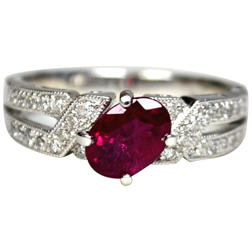 Oval Ruby Diamond 18 Karat Gold Solitaire Ring For Sale