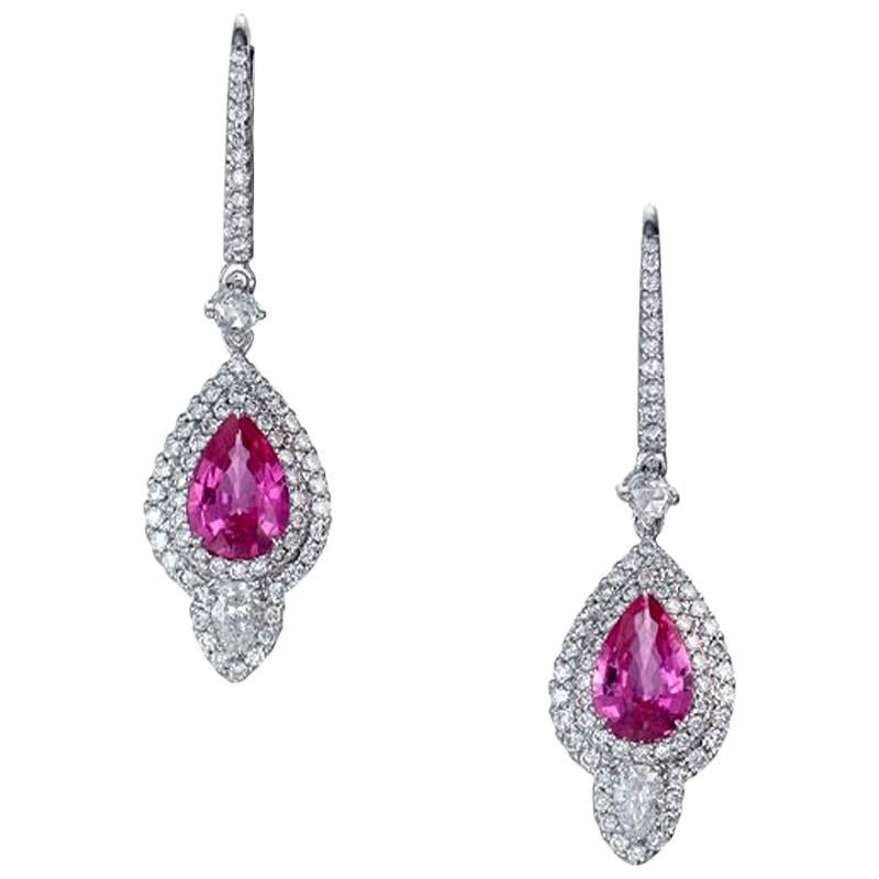 Pear Pink Sapphire Diamond Drop Earrings For Sale