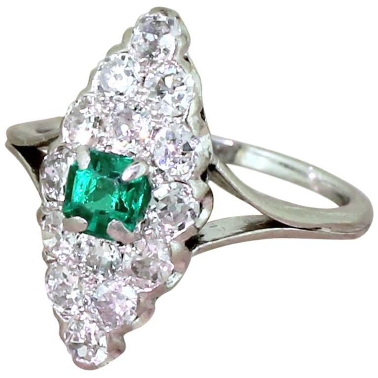 Art Deco Step Cut Emerald and Old Cut Diamond Navette Ring For Sale