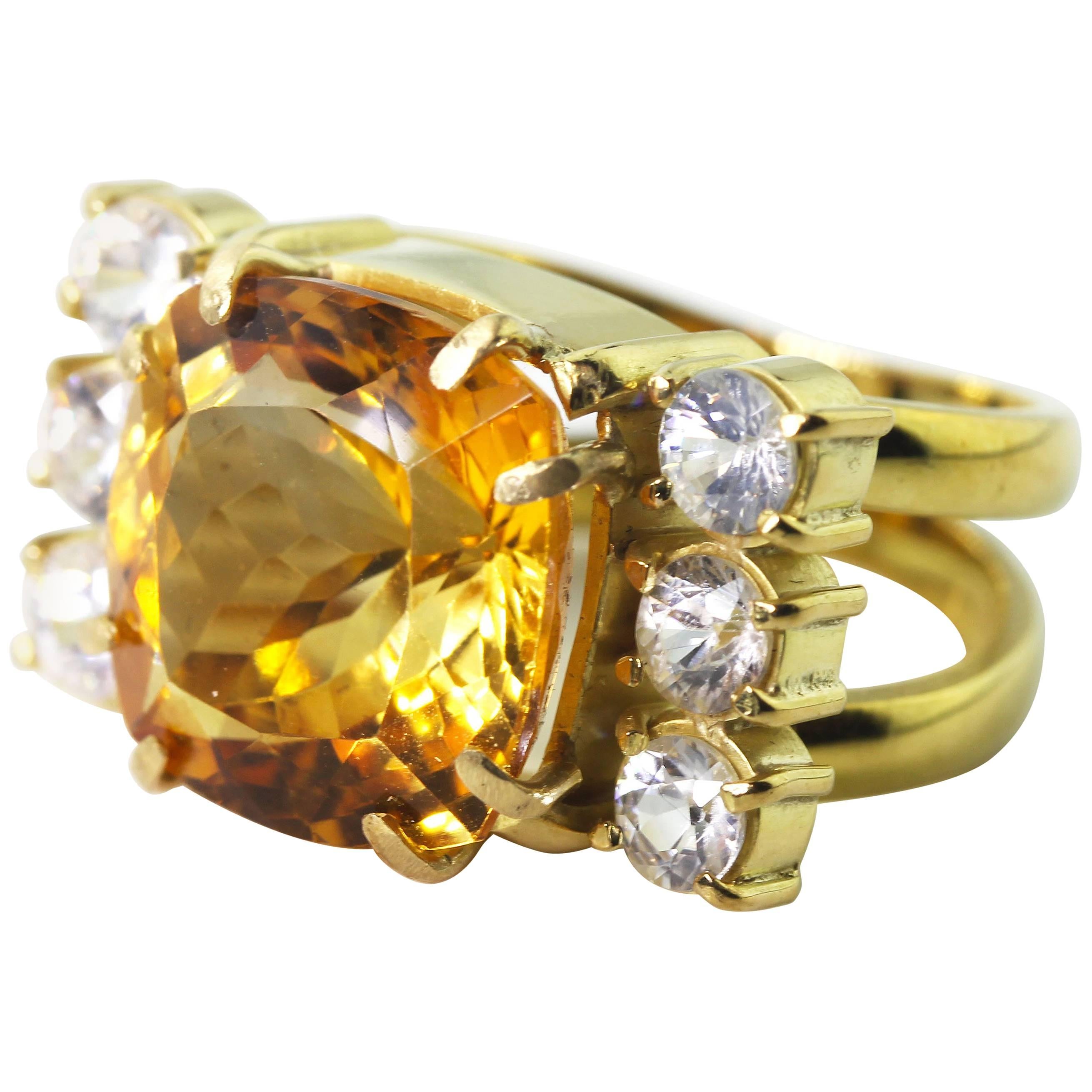 AJD Very Hollywood 11.5 Carat Golden Citrine & Sapphire 18Kt Gold Cocktail Ring For Sale