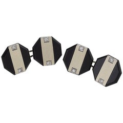 Ghiso Art Deco Diamond, Onyx, Platinum and Gold Octagonal Cufflinks