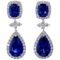 Pear Cushion Ceylon Blue Sapphire Diamond 18 Karat Gold Drop Earrings