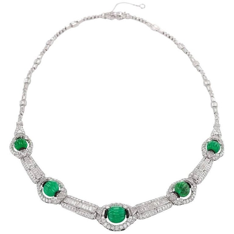 Carved Emerald Bead and Diamond Collar Necklace For Sale at 1stDibs
