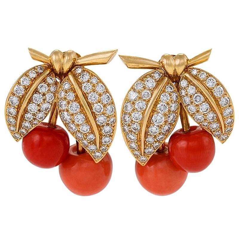 Van Cleef & Arpels Paris 1990s Diamond Coral and Gold Earrings