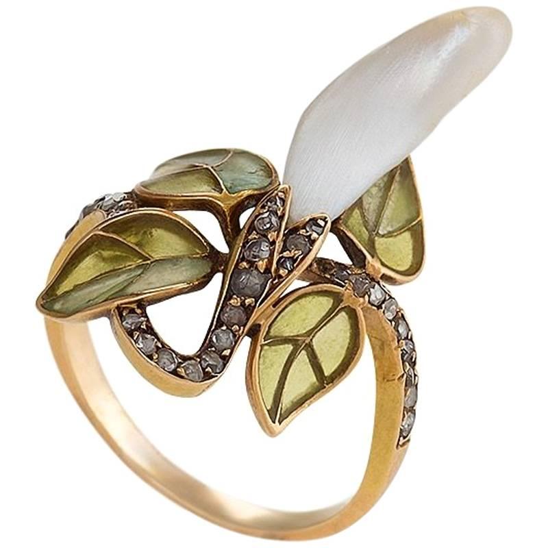 Le Turcq French Art Nouveau Diamond Pearl Gold and Enamel Ring