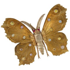 Mario Buccellati 1960s Colored Diamond and Gold Butterfly Brooch