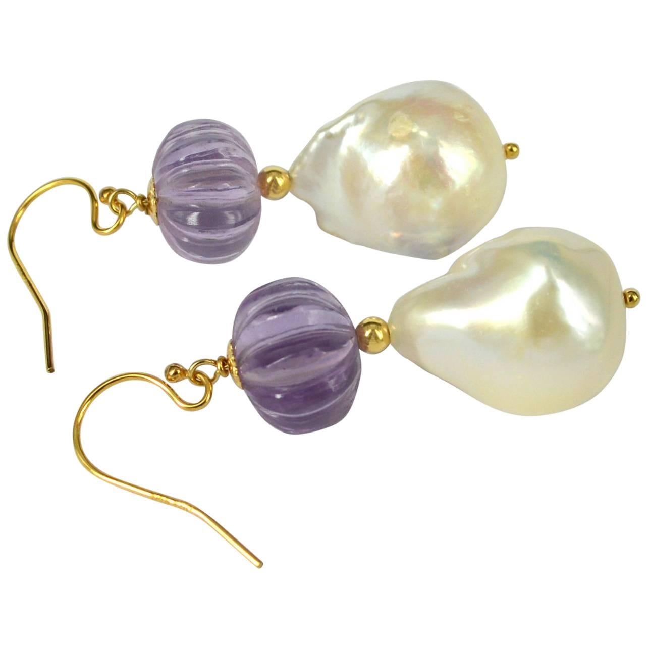 Decadent Jewels Carved Amethyst Baroque Pearl Gold Earrings For Sale